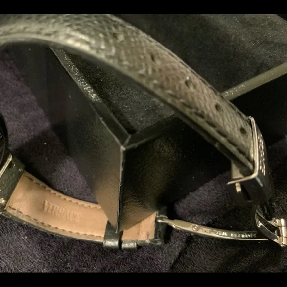 original VERSACE round silver face with black leather strap